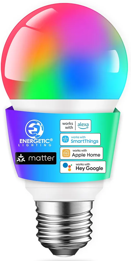 Energetic Light Bulbs Work with Alexa/Apple Home/Google Home/SmartThings, Matter Smart A19 LED Light Bulb, E26 RGB Smart Bulbs, 60W Equivalent, 800LM, 2.4 Ghz WiFi Only, Smart Speaker Required, 1 Pack