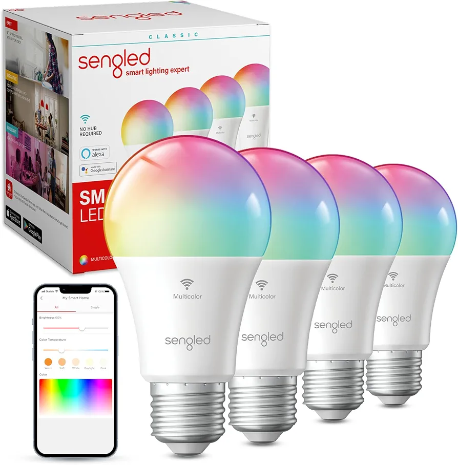 Sengled WiFi Color Changing Light Bulb, Alexa Smart Light Bulbs that Work with Alexa & Google Assistant, A19 RGB No Hub Required, 75 W Equivalent 800LM CRI>90, Set of 4