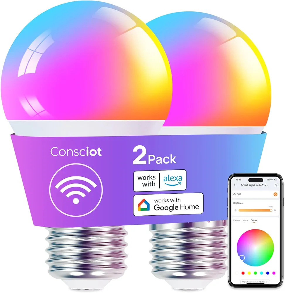 Consciot Smart Light Bulbs, WiFi LED Light Bulb That Works with Alexa & Google Home, Music Sync, Color Changing Light Bulb, A19 E26 2.4Ghz WiFi Light Bulbs 60 watt Equivalent, 800lm Dimmable 2 Pack