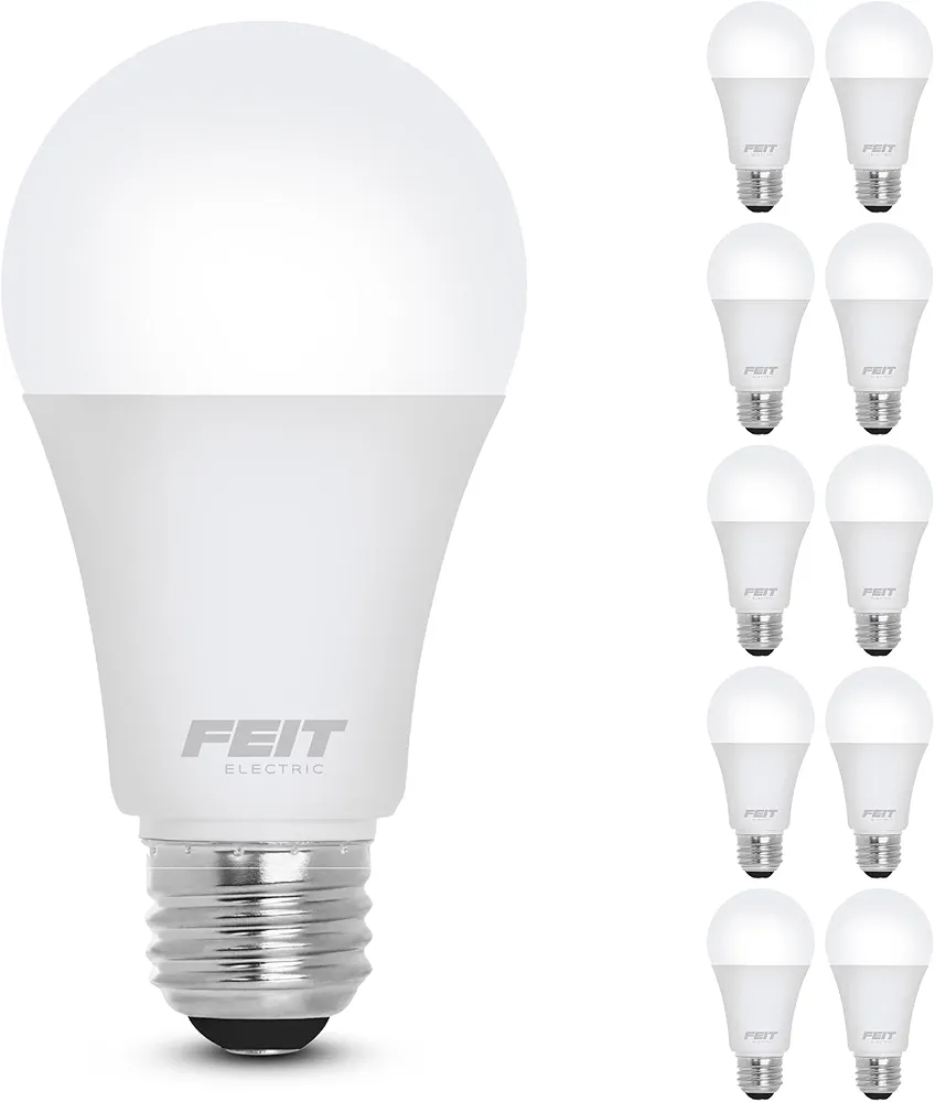 Feit Electric A19 LED Light Bulb, 60W Equivalent, Non Dimmable, 800 Lumens, E26 Medium Base, 5000k Daylight, CRI 90, 10 Year Lifetime, UL Listed, Damp Rated, 10 Pack, OM60/950CA10K/10