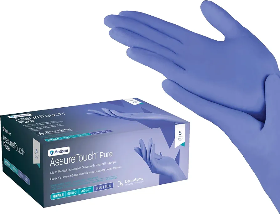 Medicom AssureTouch Pure Nitrile Medical Exam Gloves, Small 3-Mil 200 Count, Disposable Latex Free Gloves, Powder Free