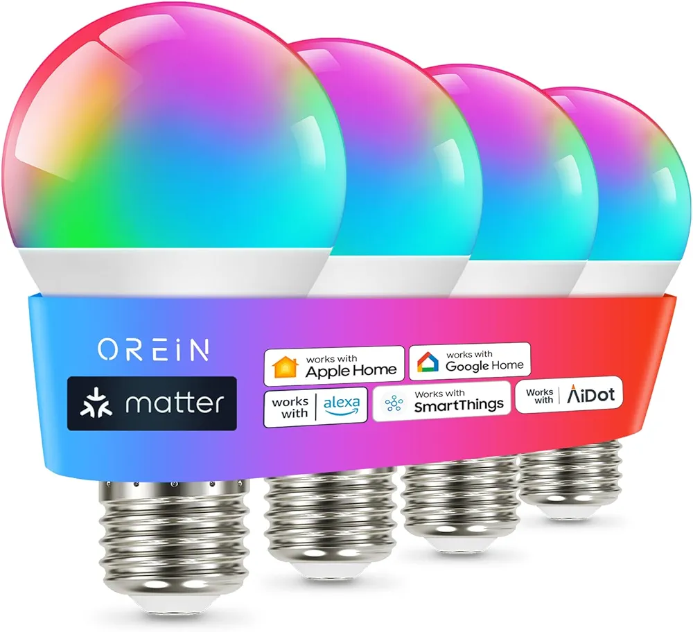 OREiN Matter Smart Light Bulb, Smart Light Bulbs Work with Apple Home, Alexa, Google Home, SmartThings, A19 Color Changing Light Bulbs 2.4Ghz WiFi, 800 Lumens Equivalent 60W 4Pack