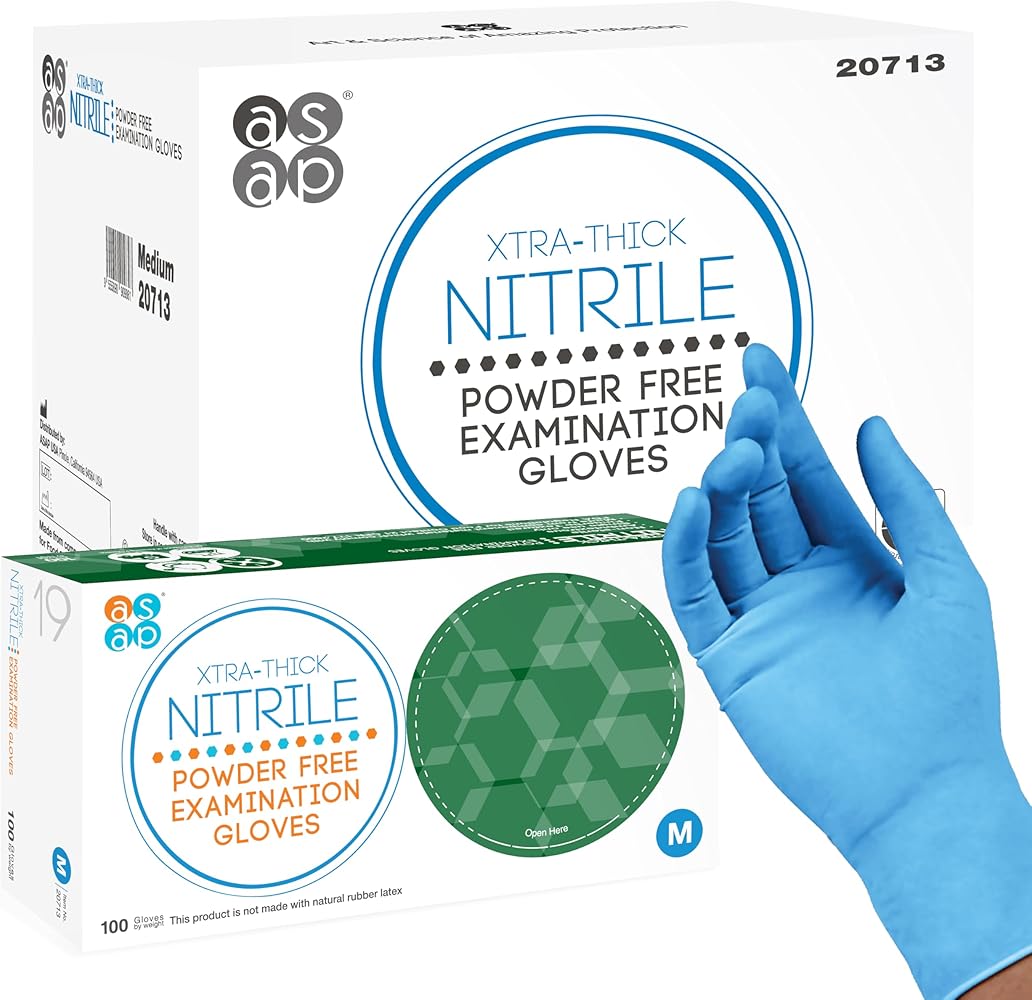 ASAP Blue Nitrile Powder Free Examination Gloves, Disposable, 4 mil, Medical, Food Safe, Tattoo, Cooking, Cleaning, Car