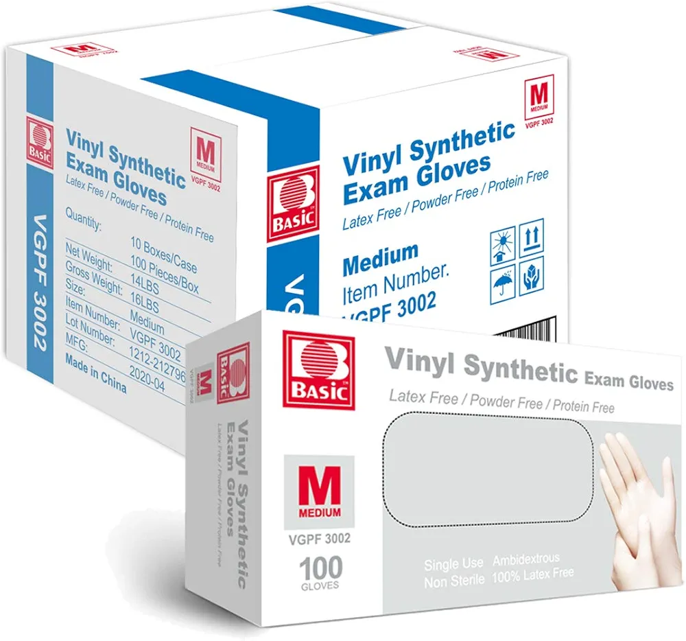 Basic Medical Clear Vinyl Exam Gloves - Latex-Free & Powder-Free - VGPF3002 (Case of 1,000), Medium