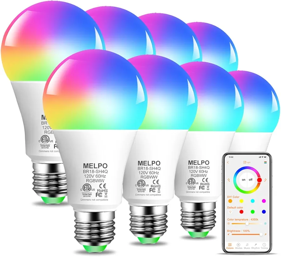 MELPO RGB Light Bulbs 12W(130W Equivalent), 2700K-6000K，A19 E26 Bluetooth Color Changing Light Bulb Controlled by BRmesh APP, 16 Million Colors-DIY Flash/Fade - Timing-DIY Scenes- Music Sync (8 Pack)