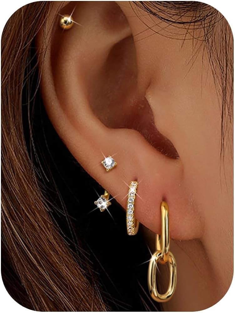 4 Pairs Gold Earrings Set for Women Hypoallergenic Stainless Surgical Steel Flat Back Stud Hoop Stacks for Multiple Piercing Dangle Huggie Tragus Helix Cartilage Piercing Jewelry Jacket Pack Silver