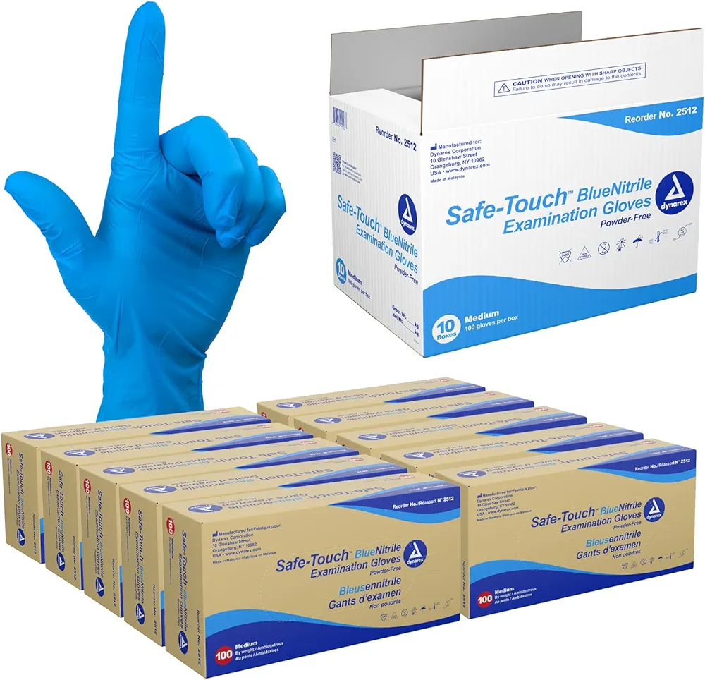 Dynarex Safe-Touch Disposable Nitrile Exam Gloves, Powder-Free, Latex-Free, Touchscreen Friendly, Used by Professionals, Blue, Medium, 1 Case, 10 Boxes of 100 Gloves