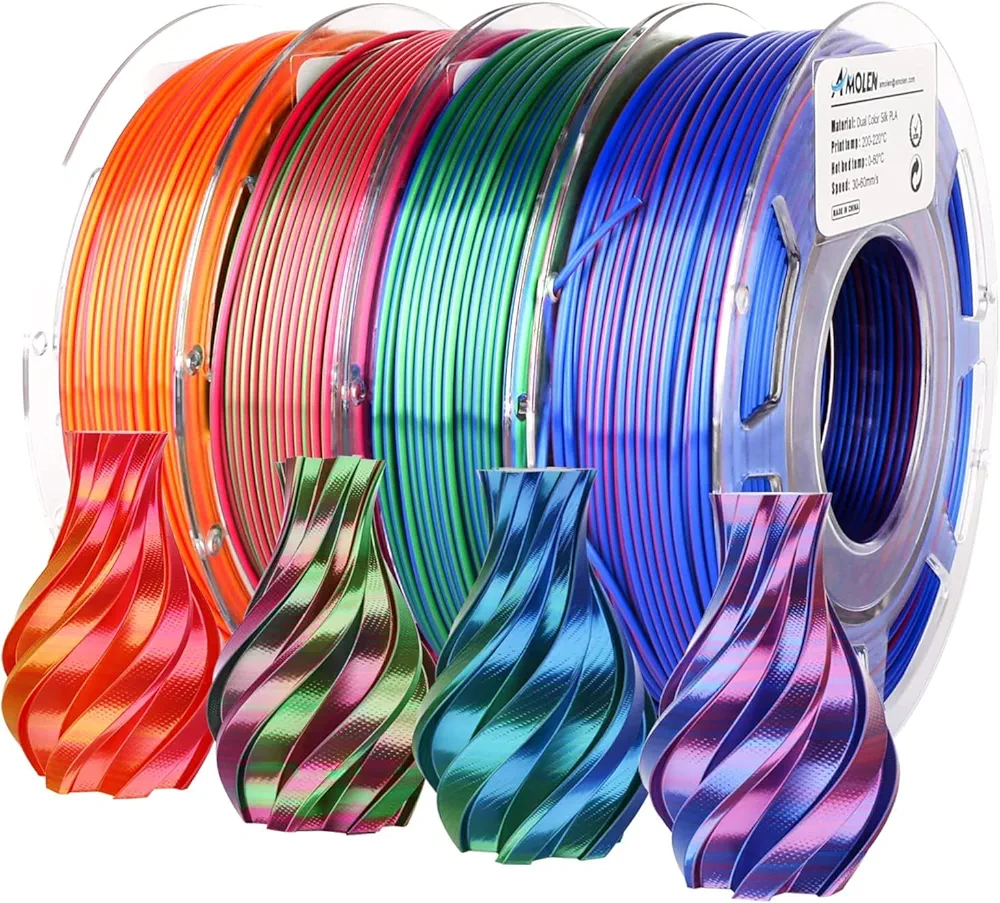 AMOLEN 3D Printer Filament Bundle, PLA Filament 1.75mm, Dual Color Filament, Silk Red Gold, Silk Red Green, Silk Red Blue, Silk Blue Green, 3D Printing Filament 200gX 4 Spools