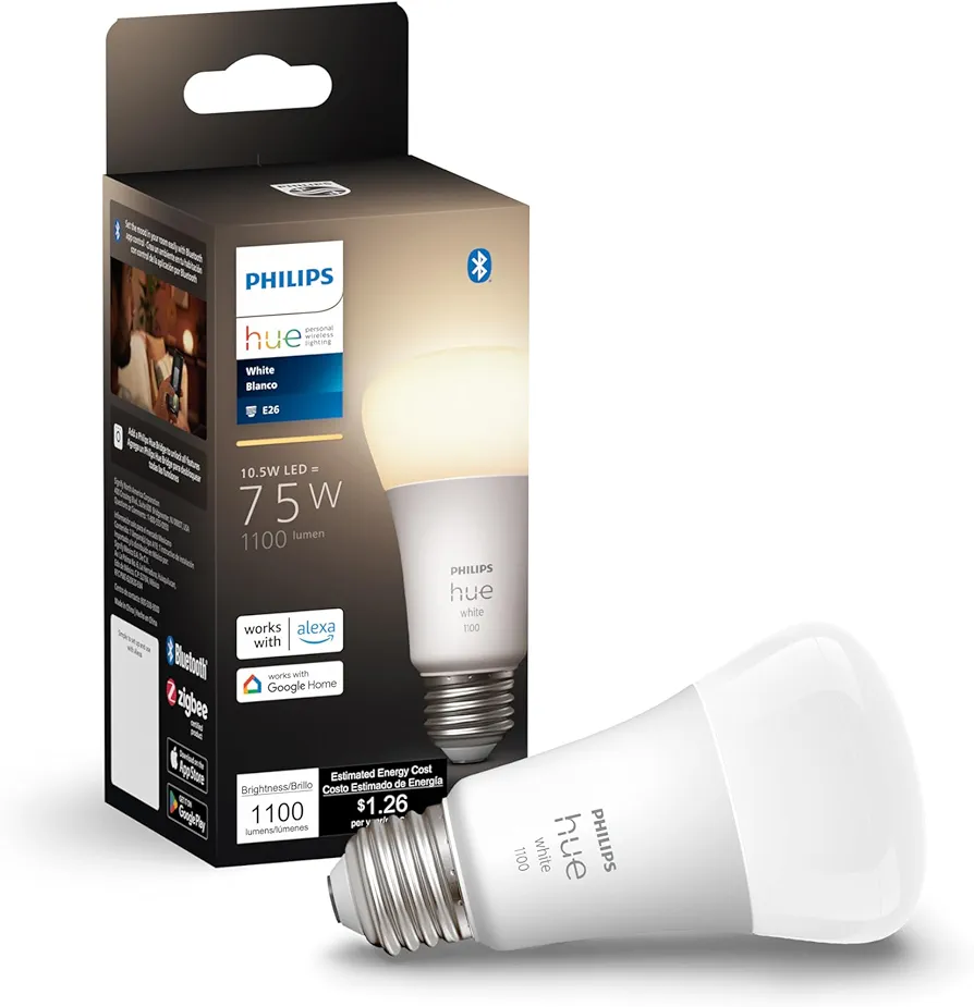 Philips Hue White A19 Medium Lumen Smart Bulb, 1100 Lumens, Bluetooth & Zigbee Compatible (Hue Hub Optional), Works with Alexa & Google Assistant, A Certified for Humans Device, 1 Bulb