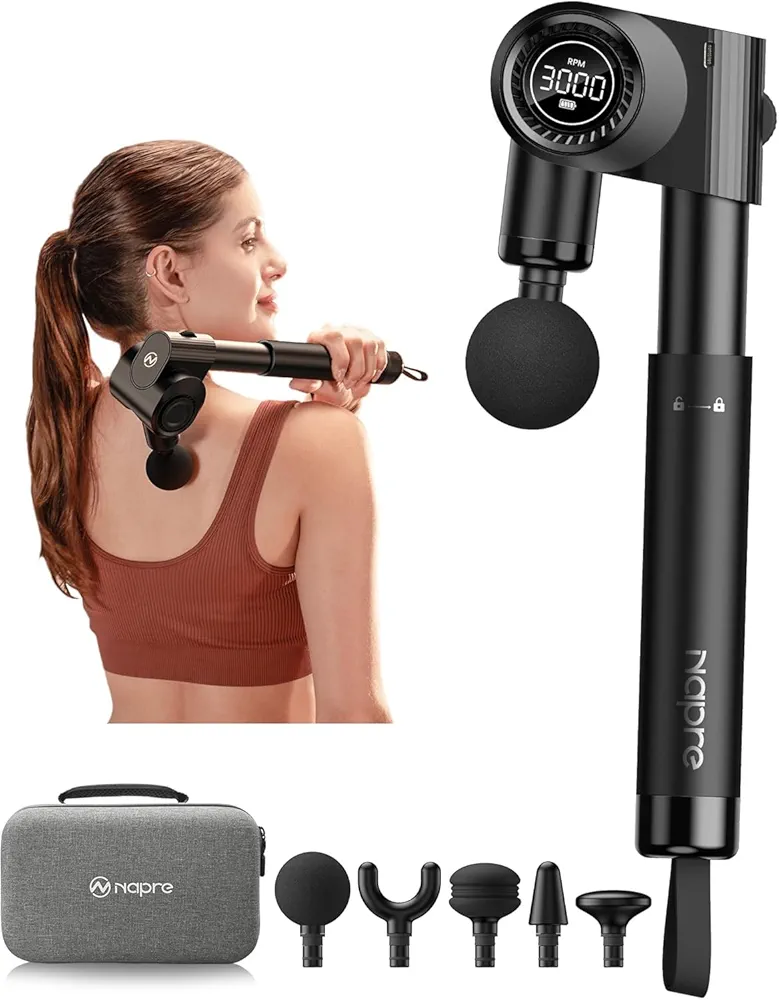 Foldable Massage Gun Deep Tissue with 5 Adjustable Angles,Portable Percussion Back Massager for Muscle/Neck/Body Pain Relief with Long Extension Metal Handle, 32-Speed Levels, with Carrying Case