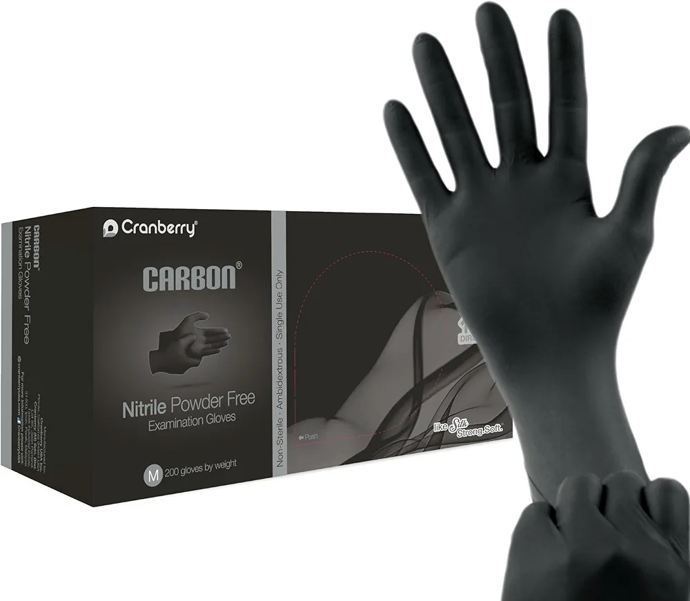 Cranberry Carbon Black Nitrile Exam Gloves, Pack of 200, Medium, 3.2 Mil