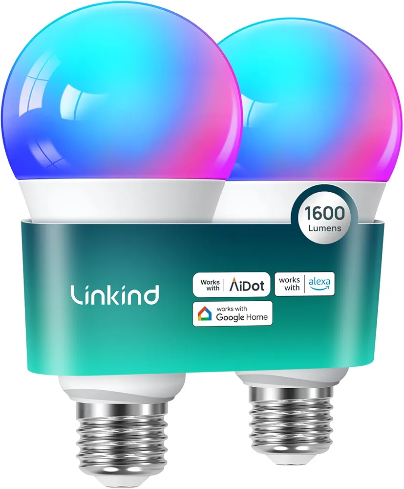 Linkind Smart Light Bulbs, 1600LM (100W Equivalent) Smart Bulb, Work with Alexa & Google Home, RGBTW Color Changing Bulb Music Sync, 2.4GHz Wi-Fi & Bluetooth, LED Alexa Light Bulbs 14W, A21 E26, 2Pack