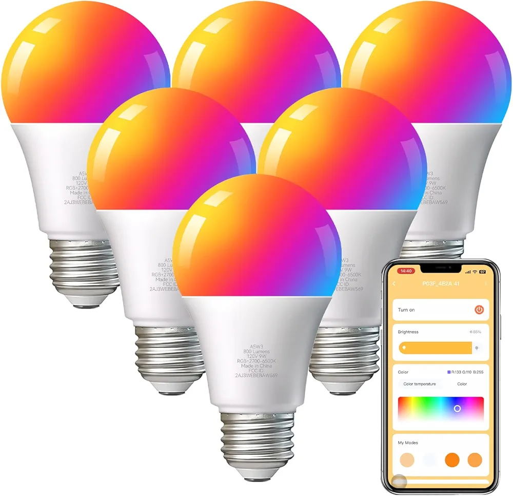 TJOY 6 Pack Smart Light Bulbs, Bluetooth WiFi Led Bulb Work with Alexa&Google Assistant, RGB Color Changing Bulbs, Music Sync, 9W(60W Equivalent), A19 E26 800LM, 2.4Ghz WiFi only