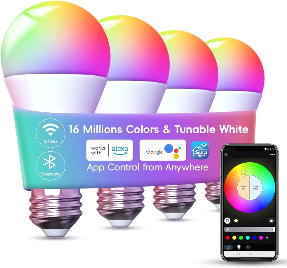 WIFI Smart LED Light Bulb - Color Changing Bulbs App Control, 2.4Ghz Bluetooth Smart Light Bulbs Music Sync, Magic RGB Light Bulb Work with Alexa and Google Assistant, E26 LED Light Bulb, 4 Pack