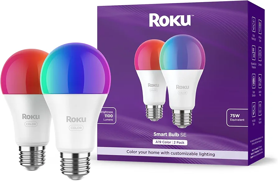 Roku Smart Light Bulbs (Color, 2-Pack) - Dimmable A19 Color Lightbulbs with Adjustable Brightness & Temperature - WiFi Smart Bulbs Works Voice, Alexa & Google Assistant - Smart Home Products