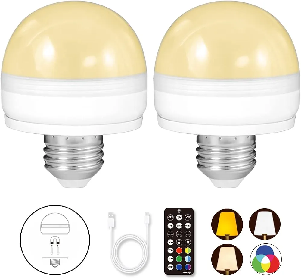 BLUEYE Rechargeable Battery Operated Light Bulb,2Packs,300LM,40W Equivalent,E26 Detachable Charging(E12 available),4 Color Temperature,Remote Control Puck Emergency Lamp,Timer,Dimmer,For Non-Hardwired