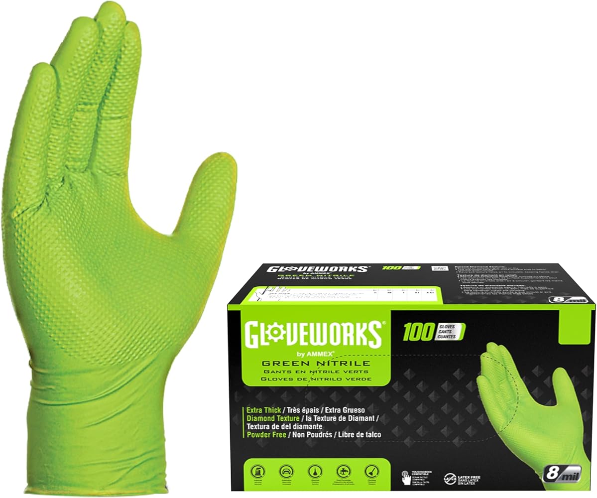 GLOVEWORKS HD Green Nitrile Gloves, 8 mil Nitrile Gloves Medium-XXL Sizes, Nitrile Disposable Gloves with Raised Diamond Grip