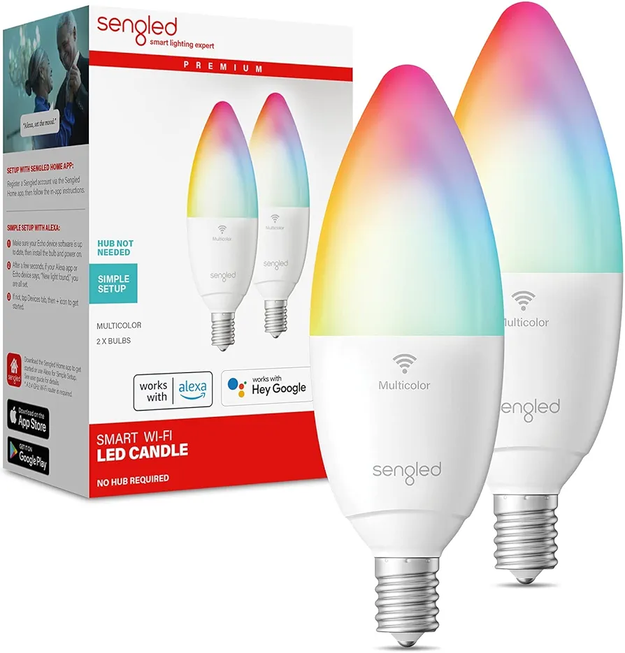 Sengled Smart Light Bulbs, LED Candelabra Bulbs E12 Base, Smart Bulbs That Work with Alexa Google, Dimmable, 5W (40W Equivalent) 450LM, No Hub Required, Only 2.4GHz WiFi Support, 2 Pack