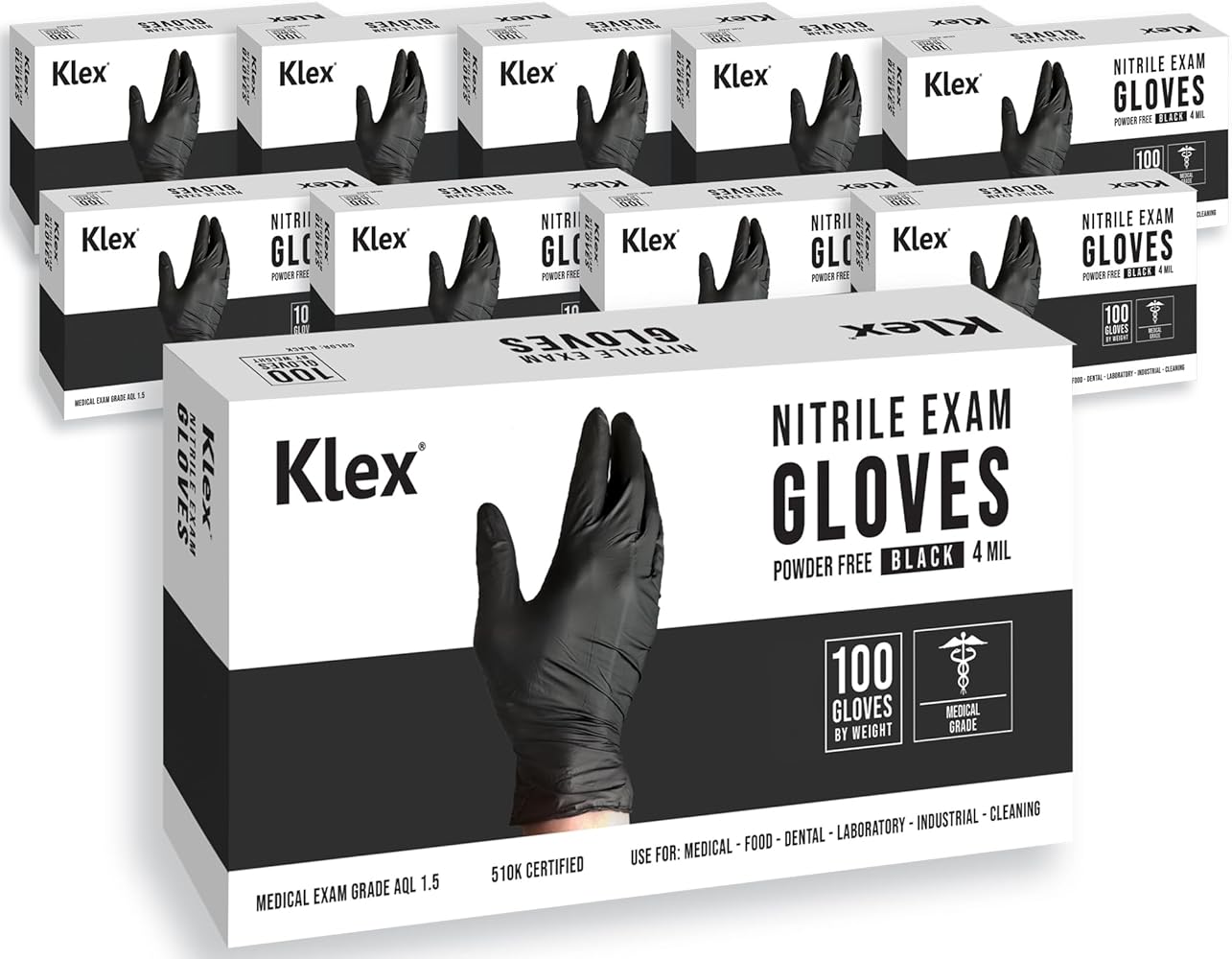 Klex Nitrile Exam Gloves - Medical Grade, Powder & Latex Free, Food Safe, Black, 100, 1000 Count, S, M, L, XL