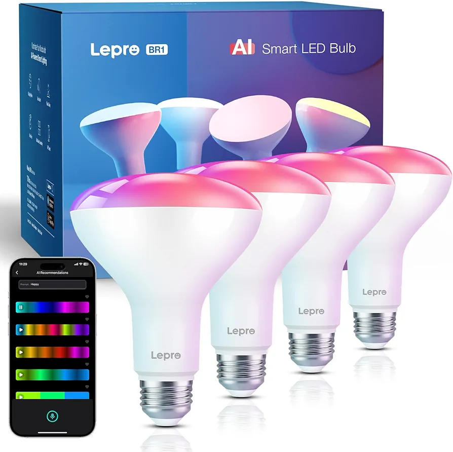 Lepro BR1 AI LED Smart Bulbs - AI Generated Lighting, LightGPM 2 with LLM, LightBeats Music Sync, Voice Control Via App, RGBWW Colors, Work with Alexa & Google Assistant, BR30 E26 8W, 4 Packs