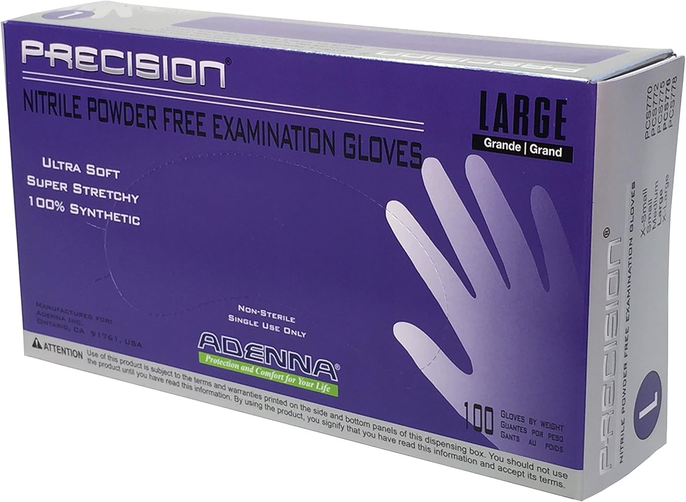 Adenna PCS776 Precision 4 mil Powder-Free Nitrile Exam Gloves, Medical Grade, Blue-Violet, Large, Box of 100