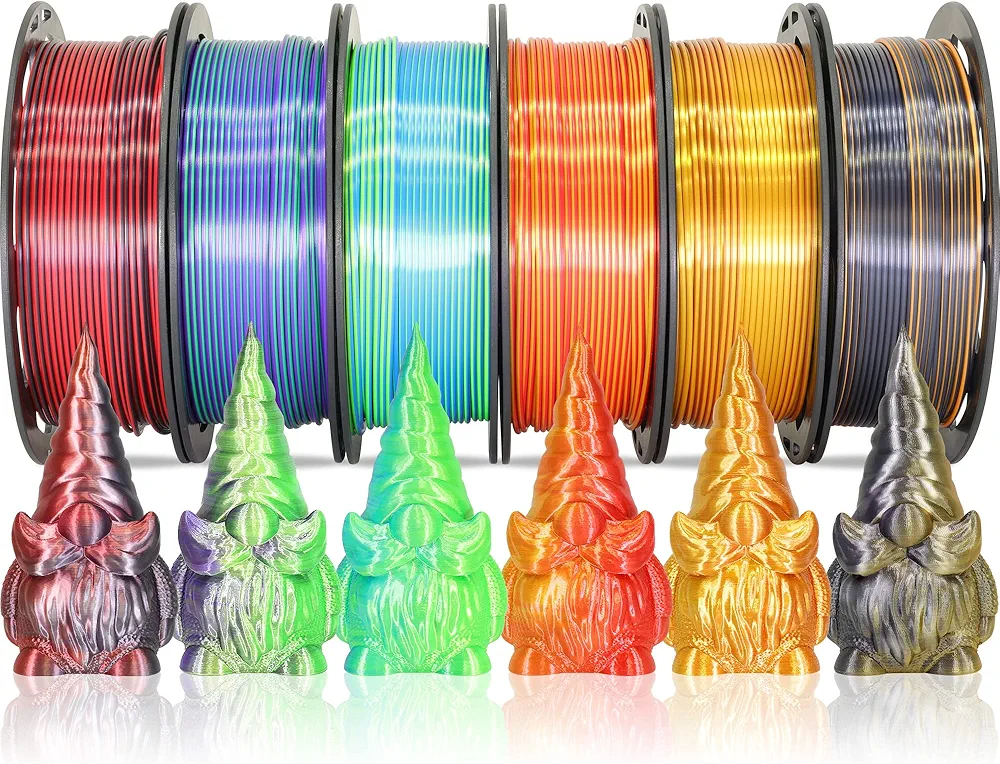 MIKA3D 6 Spools Bicolor Dual Color 1.75mm 3D Printer Filament Bundle, 3D Printing Silk PLA, Silk Black-Purple/Purple-Gold/Black-White/Black-Orange/Red-Blue/Black-Red, 3D Printing PLA 250g X 6 Spools