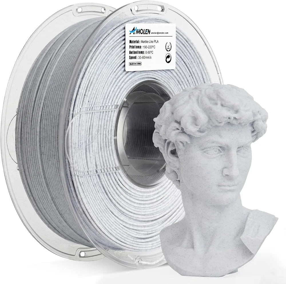 AMOLEN PLA 3D Printer Filament, Pla Filament Marble PLA Filament 1.75mm Marble White Stone 3D Printing Filament for Home Decor, 1KG/2.2lb