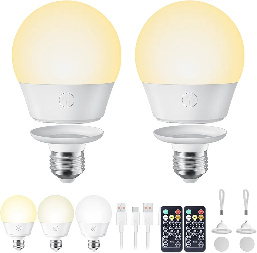 Brightown E26 Rechargeable Light Bulb with Remote Timer and 3 Color Temperatures, Battery Backup Bulb for Sconces and Lamps, E26 Detachable Charging for Non-Hardwired Fixture, Dimmer, 700LM