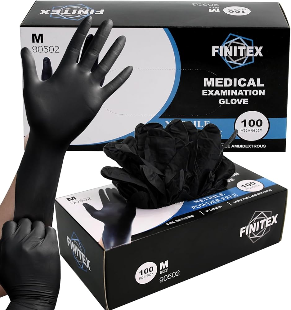 FINITEX Black Nitrile Disposable Medical Exam Gloves - 100/1000 PCS 6.3mil Gloves Powder-Free Latex-Free Food Gloves