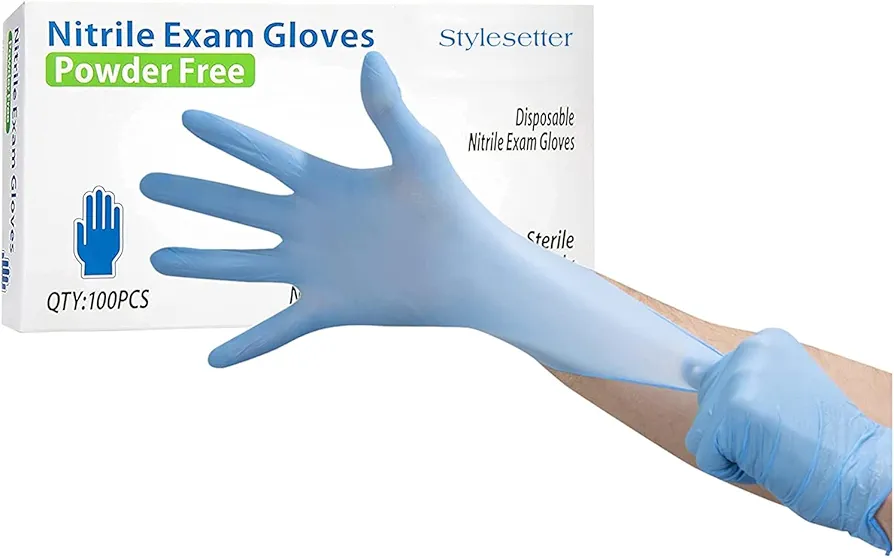 Style Setter Large, Powder-Free Nitrile Disposable Exam Gloves, Industrial Medical, No Latex Rubber, Food Safe, Textured Fingertips, Ultra-Strong, Blue, Pack of 100