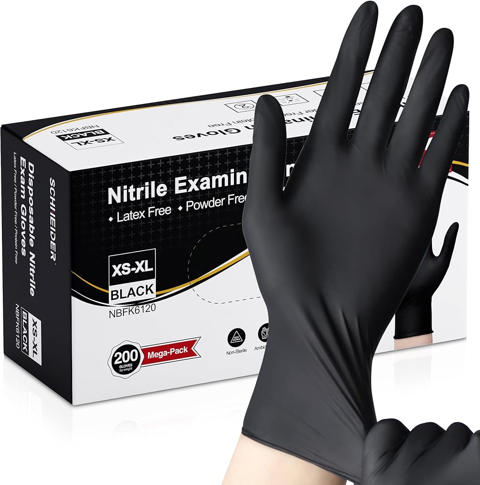 Schneider Nitrile Exam Gloves -S，200-ct Box,Black Disposable Gloves Latex-Free, Powder-Free, Food Safe, Medical Gloves for Cooking, Cleaning, Examination