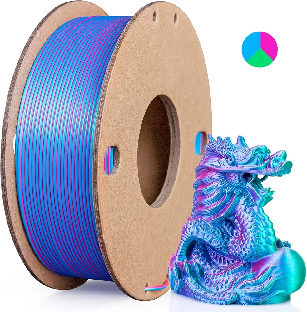 Silk PLA 3D Printer Filament Triple Color Silk PLA Filament 1.75mm 3D Printing Filament Fit Most FDM Printers, 250g Spool(0.55lbs), 3 in 1 Color Rose Red Sky Blue Green