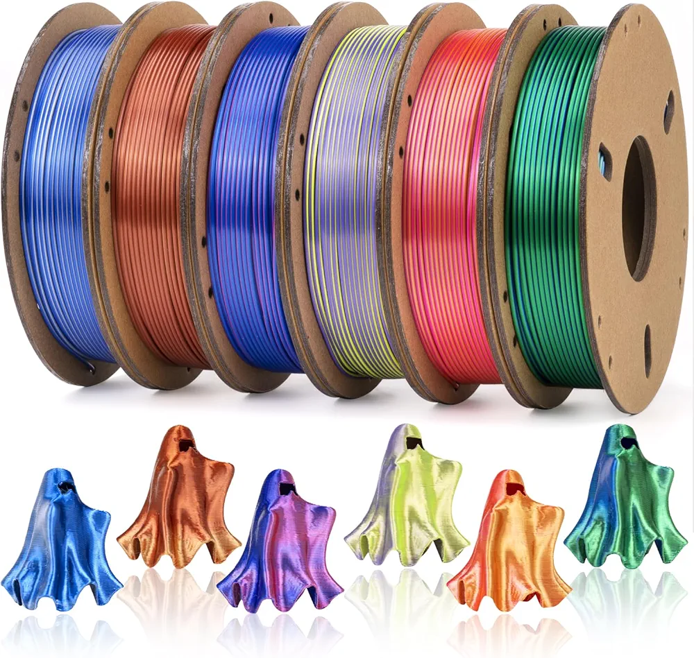 Dual Colors Silk Pla Filament 1.75mm 3D Printer Filament Bundle,Silk Gold-Copper, Silk Blue-Green, Silk Gold-Rose Red,Silk Silver-Dark Blue, Silk Purple-Yellow, Silk Red-Blue, 250g 6 Spools