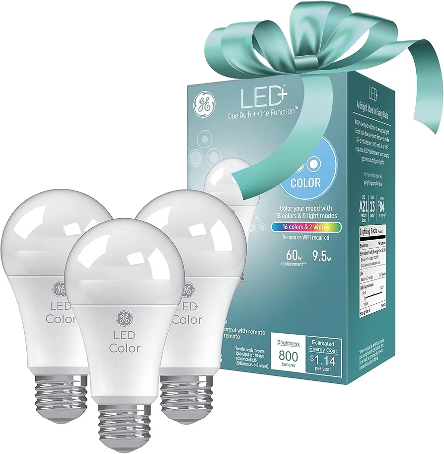 GE LED+ Color Changing A19 LED Light Bulbs with Remote, Indoor Multicolor Light, College Dorm Light, Dorm Room Essentials, Bedroom Light, 9.5W, Christmas Gifts for Men, Holiday Gift for Women (3 Pack)