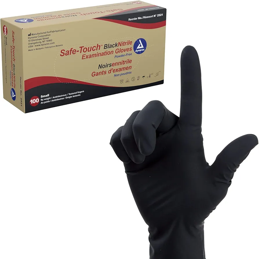 Dynarex Safe-Touch Black Disposable Nitrile Exam Gloves, Powder-Free, Used in Healthcare and Professional Settings, Law Enforcement, Tattoo, Salon or Spa, Small, 1 Box of 100 Gloves