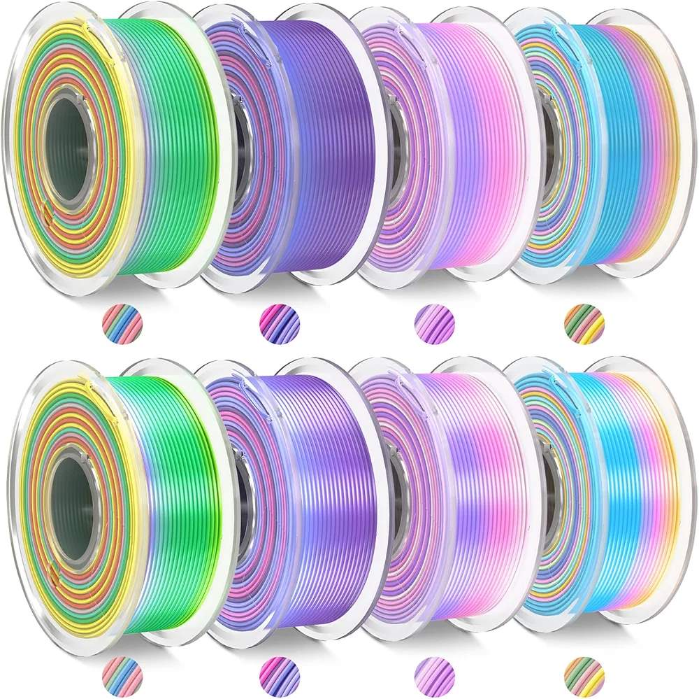 SUNLU PLA Rainbow 3D Printer Filament Bundle, 4 Rolls PLA+ Silk Rainbow & 4 Rolls PLA Rainbow Filament, Fast Color Change, Shiny Texture, Multicolor, 250g/Pack, 8 Packs, Total 2 kg