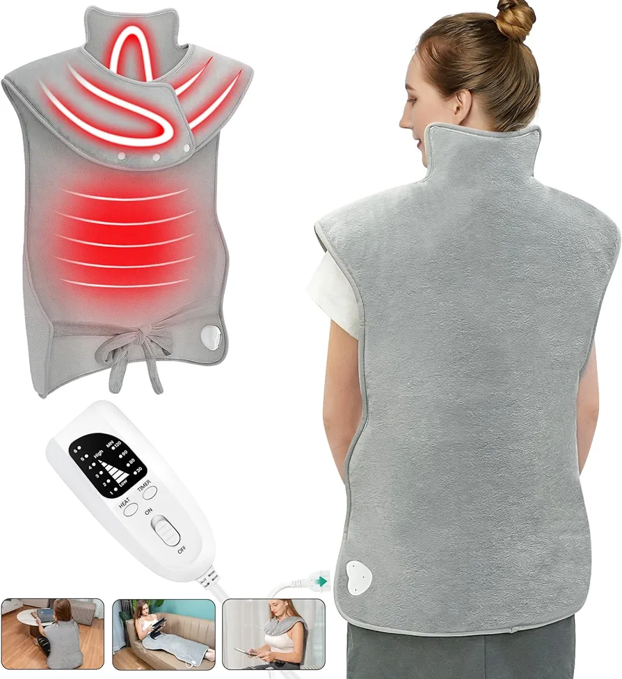 Heating Pad for Back Pain Relief, 22"x 37" Large Heating Pad for Neck and Shoulders, Heat Pad with 6 Heat Settings & 4 Time Settings Auto-Off, Gifts for Women Men Mom Dad (Gray)