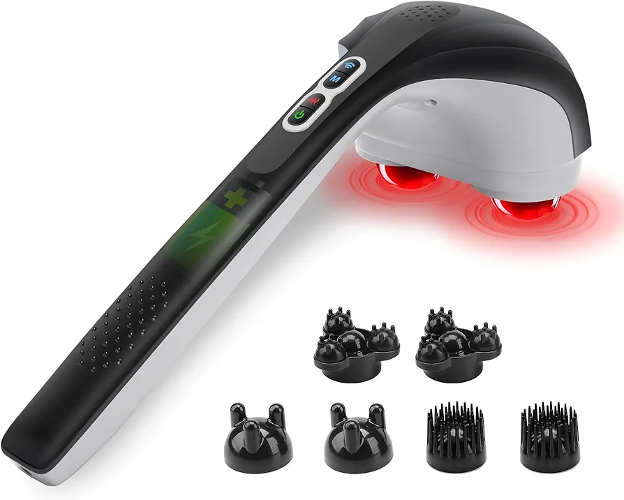 Snailax Cordless Handheld Back Massager with Heat, FSA HSA Eligible, Deep Tissue Percussion Massager, 3 Sets of Dual Pivoting Heads,Rechargeable Hand Held Massager for Neck,Back Shoulder,Calf,Legs