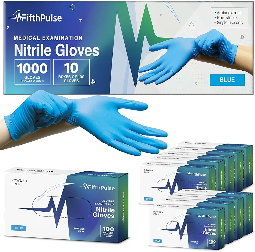 Medical Exam Blue Nitrile Gloves Medium 1000 Count - 3 Mil Powder and Latex Free Disposable Gloves - Case of 10 Boxes of 100