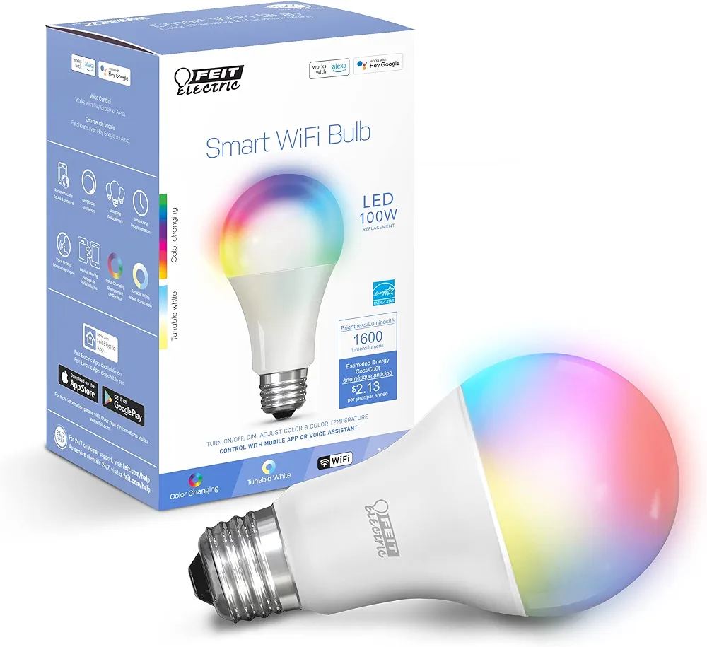 Feit Electric Smart Bulb, 100W Equivalent Color Changing and Tunable White, 2.4Ghz Wifi light bulb, No Hub Needed, Works with Alexa and Google Assistant, High CRI Dimmable LED OM100/RGBW/CA/AG, 1 Pack