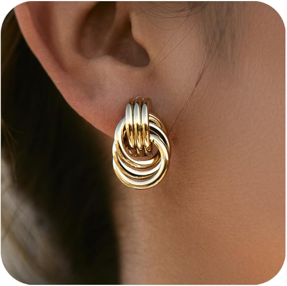 14K Gold Plated Chunky Gold Earrings for Women Knot Link Circle Statement Drop Dangle Earrings Studs Trendy Jewelry