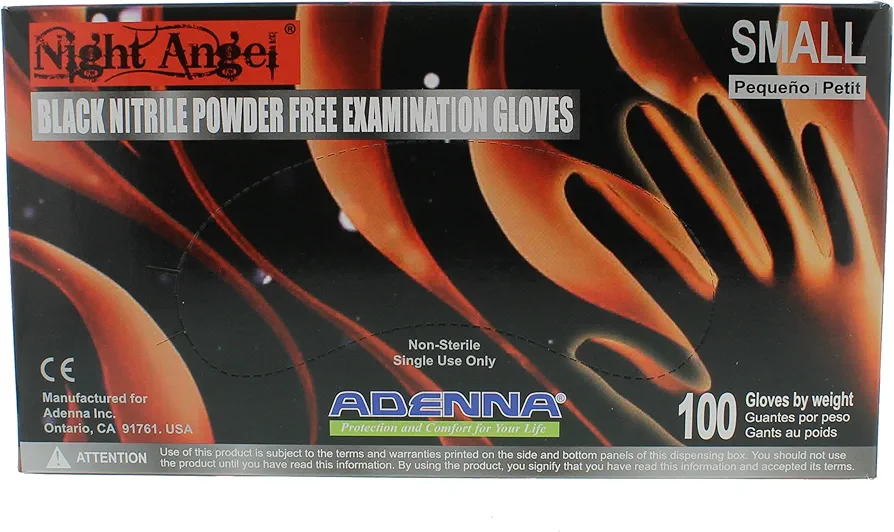 Adenna NGL220 Night Angel Nitrile Powder Free Exam Gloves, 4 mil, Black, Small (Pack of 100)