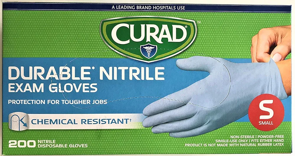 Curad Powder-Free Exam Gloves, Non-Sterile, Blue, Nitrile, SMALL, 200 CT