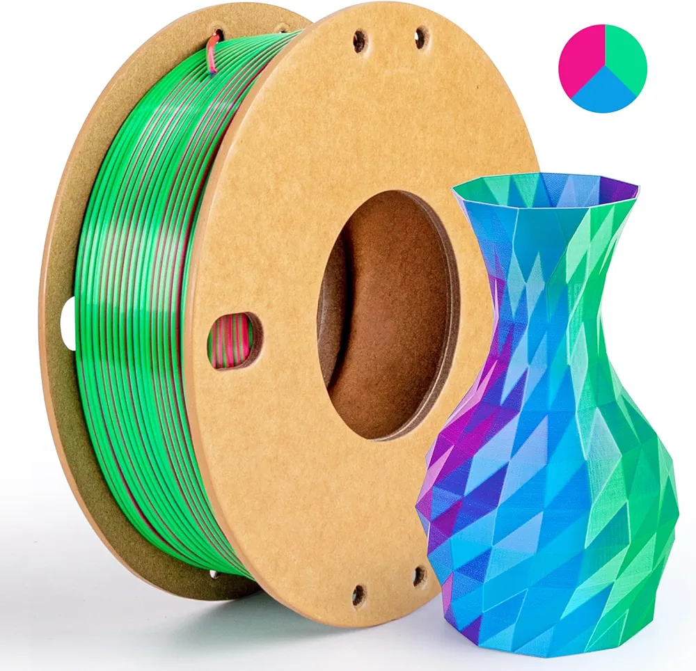 Silk Triple Color PLA+ 3D Printer Filament 1.75mm, No Tangle Shiny Filament Net Weight 250g Spool (0.55lbs), 3-in-1 Silk PLA Pro Plus, Rose Red+Sky Blue+Green