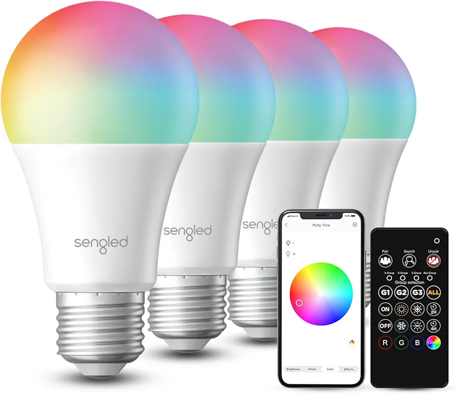 Sengled Dual Mode Smart Light Bulbs with Remote & App Control, Color Changing Light Bulbs, RGBW LED Light Bulbs 2700K-6500K Dimmable, 60W Equiv, Group Control, Timing, Sunrise & Sunset (4P+ 1 Remote)