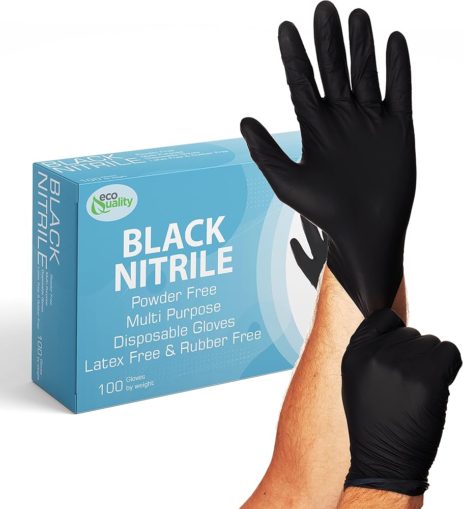 EcoQuality [100 PACK] Large Black Nitrile Exam Gloves - Disposable, Latex Rubber Free, Powder Free, Black Gloves, Non Sterile, Food Safe, 4 Mil, Black Color, Convenient Dispenser