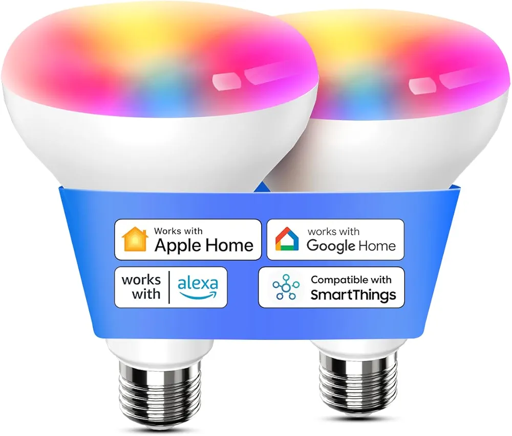 meross Smart Light Bulb, BR30 WiFi Flood LED Bulbs Support Apple Homekit, Siri, Alexa, Google, Full Color Changing RGBCW Dimmable 1300 Lumens 100W Equivalent, White, 2 Count (Pack of 1)