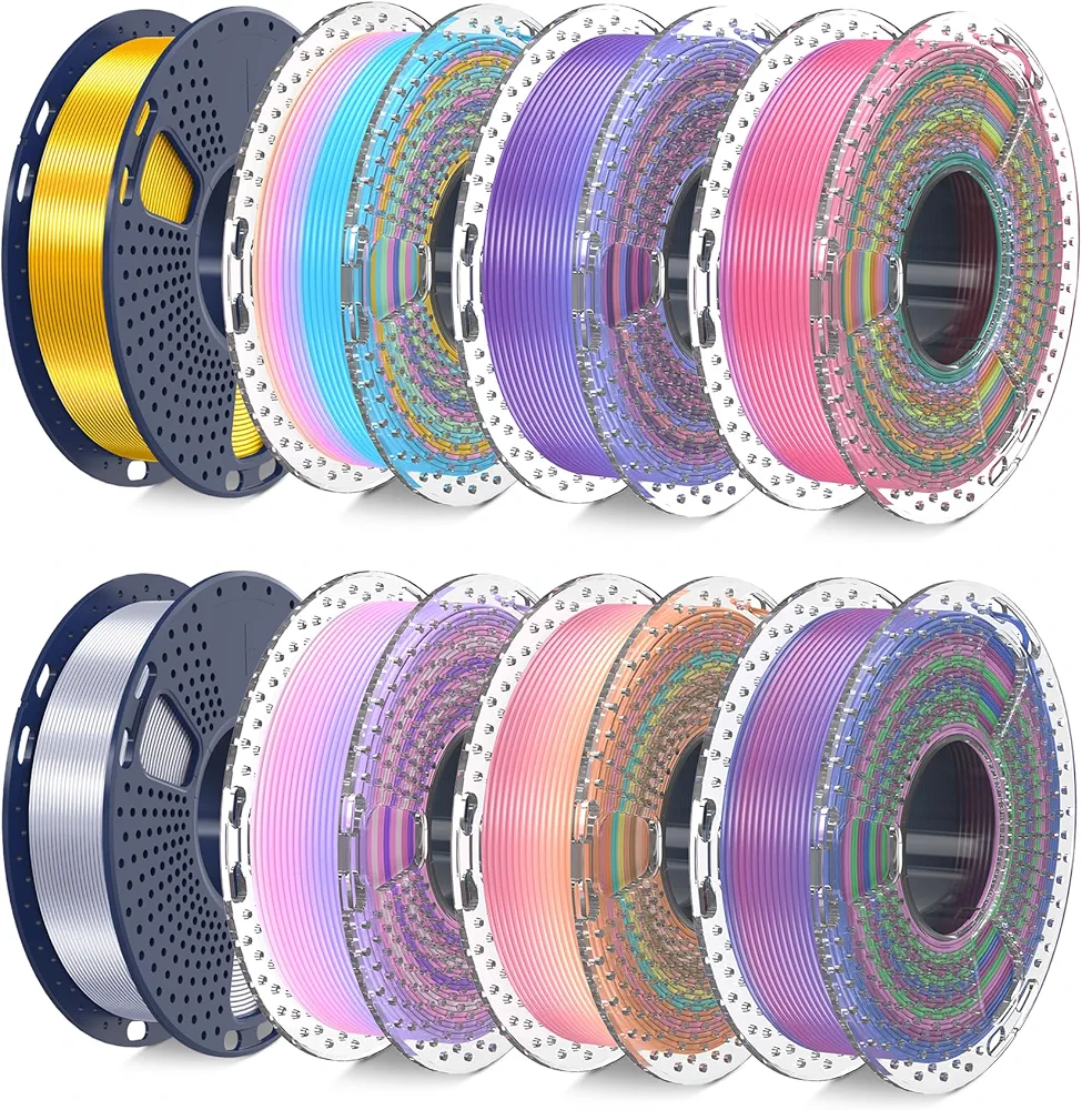 SUNLU 3D Printer Filament Bundle, PLA Silk Rainbow Filament Multicolor, Fast Color Change Each 8 Meters, Individually Vacuum Packed, 250g Spool, 8 Rolls, 2kg Total, 6 Silk Rainbow+Light Gold+Silver