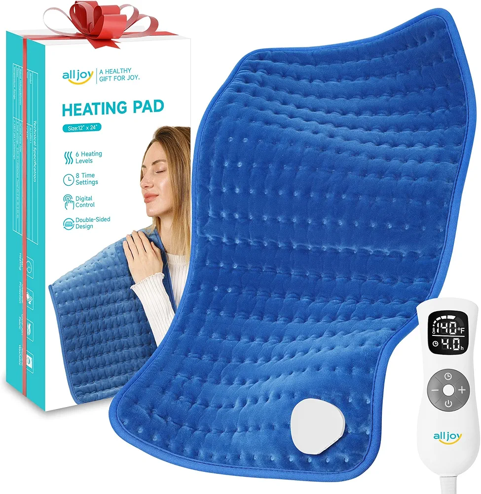 Heating Pad, ALLJOY Electric Heating Pads for Back Pain Relief, 6 Heat Levels & 8 Timers, 24" x 12" Large Heat Pad Moist & Dry Heat Therapy, Heating Pad for Abdomen Cramps, Shoulder, Leg, Arm - Blue