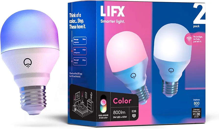 LIFX Color A19 800 lumens, Billions of Colors and Whites, Wi-Fi Smart LED Light Bulb, No Bridge Required, Works with Alexa, Hey Google, HomeKit and Siri (2-Pack)